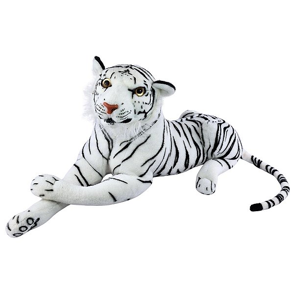 Tigre Branco de Pelúcia Safari Realista Deitado Decoração
