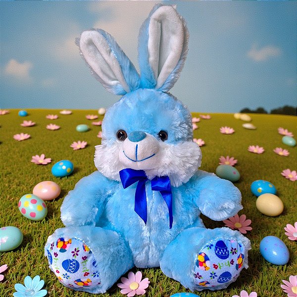 Coelho de Pelúcia Azul Com Laço 35cm Coelhinho da Páscoa