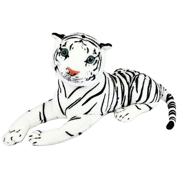 Tigre Branco de Pelúcia 44cm Safari Realista Deitado Tuka