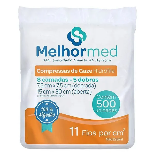 Compressa de gaze 11 Fios por cm² não estéril- 500un - Melhor Med