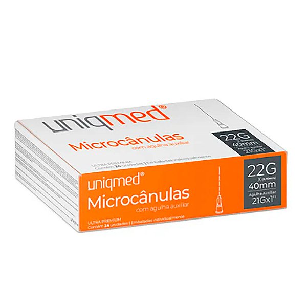Microcânulas Uniqmed - 22G (0.70mm) x 40mm - Caixa com 24 unidades - Com Agulha Auxiliar