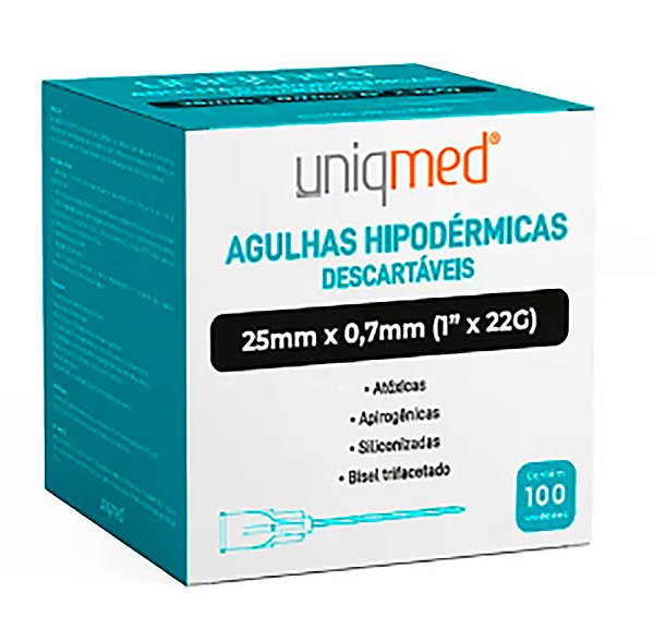 Agulhas Hipodérmicas Descartáveis Uniqmed 22G X 1 POL (25mmX0,70mm) - Caixa com 100 unidades