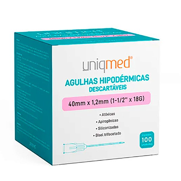 Agulhas Hipodérmicas Descartáveis Uniqmed 18G X 1 1/2 POL (40mmX1,20mm) - Caixa com 100 unidades