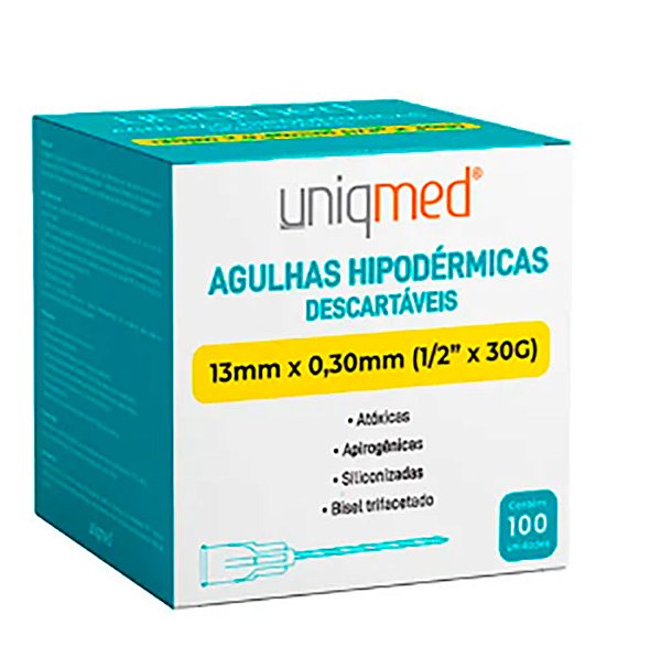 Agulhas Hipodérmicas Descartáveis Uniqmed 30G X 1/2 POL (13mmX0,3mm) - Caixa com 100 unidades