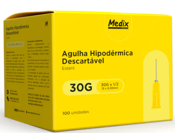 Agulha Hipodérmica Descartável 13x0,30MM (30Gx1/2) - Caixa com 100 un.