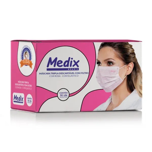 Máscara Descartável Tripla com Elástico Rosa – Medix | Caixa com 50 Unidades
