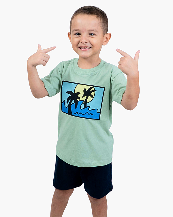 CONJUNTO INFANTIL BLUSA/SHORT MENINO VERDE VERÃO - PRAIA.