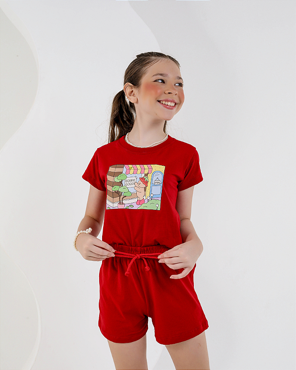 CONJUNTO INFANTIL BLUSA/SHORT MENINA VERÃO - BOBBIE GOODS VERMELHO.