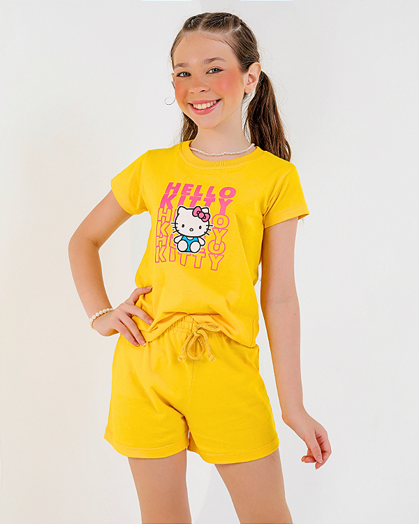 CONJUNTO INFANTIL BLUSA/SHORT MENINA VERÃO - HELLO KITTY AMARELO.