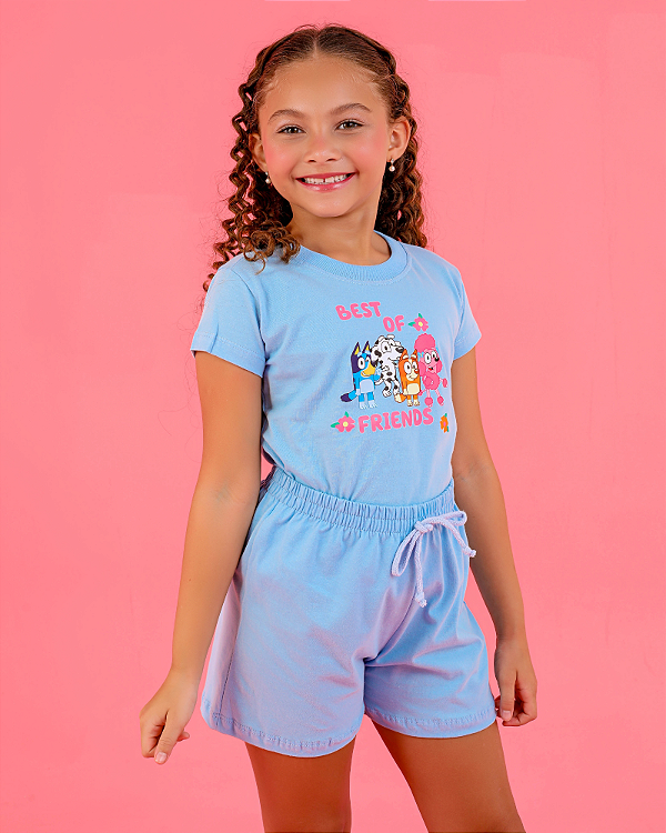 CONJUNTO INFANTIL BLUSA/SHORT MENINA VERÃO - BLUEY BEST OF FRIENDS.