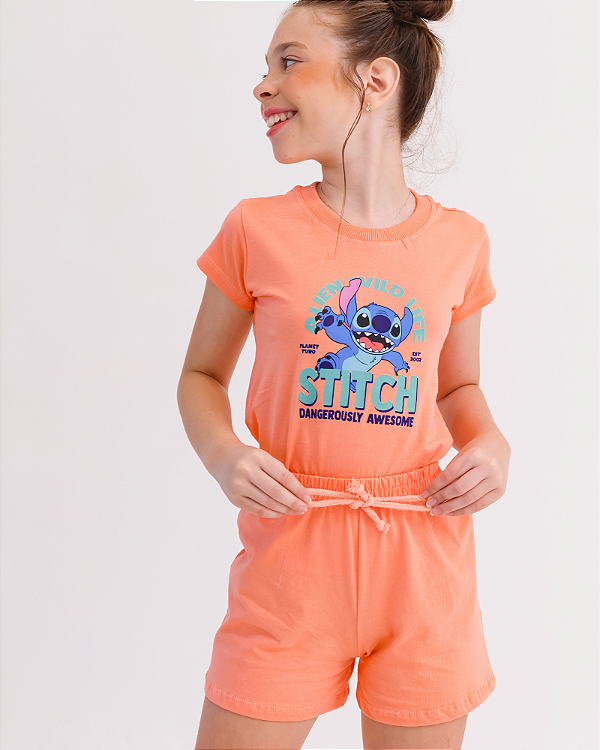CONJUNTO INFANTIL BLUSA/SHORT MENINA VERÃO - STITCH LARANJA.
