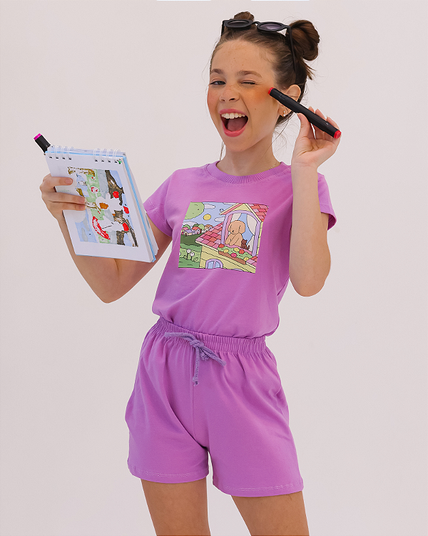 CONJUNTO INFANTIL BLUSA/SHORT MENINA VERÃO - URSINHO JANELA LILÁS.