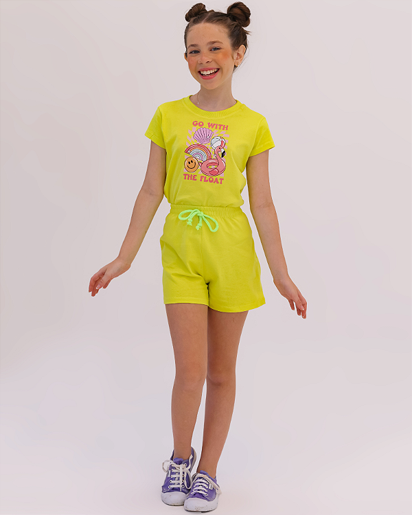 CONJUNTO INFANTIL BLUSA/SHORT MENINA VERÃO - FLAMINGO GO WITH THE FLOAT.