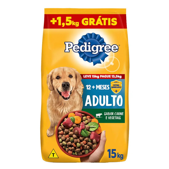 Ração Pedigree Cães Adultos Raças Médias e Grandes Carne e Vegetais Leve 15 kg Pague 13,5 kg