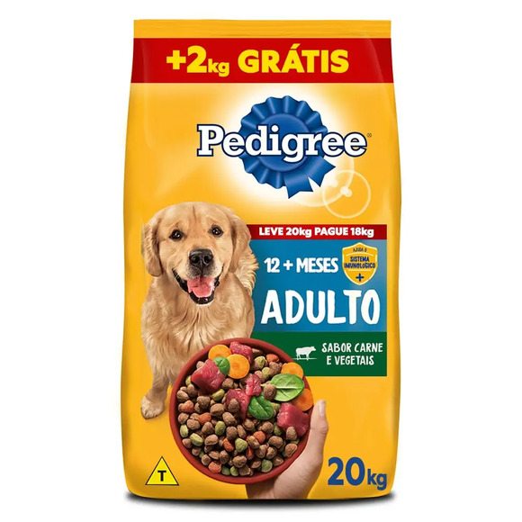 Ração Pedigree Cães Adultos Raças Médias e Grandes Carne e Vegetais Leve 20 kg Pague 18 kg