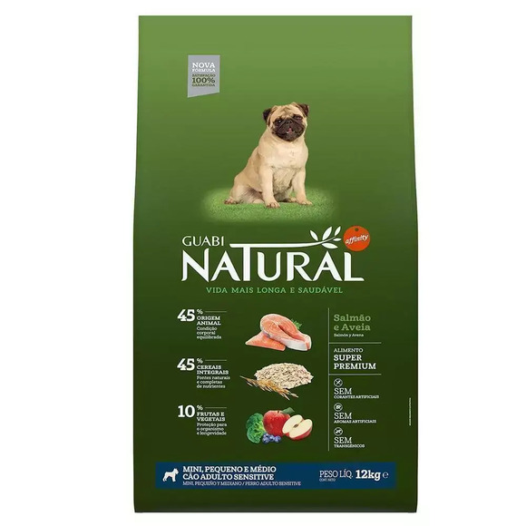 Ração Guabi Natural Cães Adultos Sensitive Raças Mini, Pequeno e Médio Salmão e Aveia 12kg
