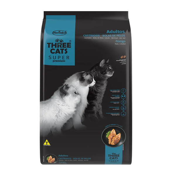 Ração Three Cats Castrados Bola de Pelo Frango 10,1 kg