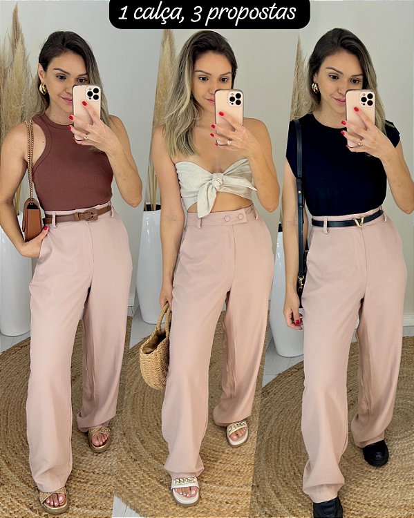 Calça pantalona alfaiataria dois botões bege