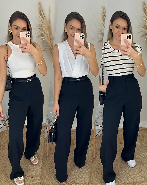 Calça pantalona preta dois botões