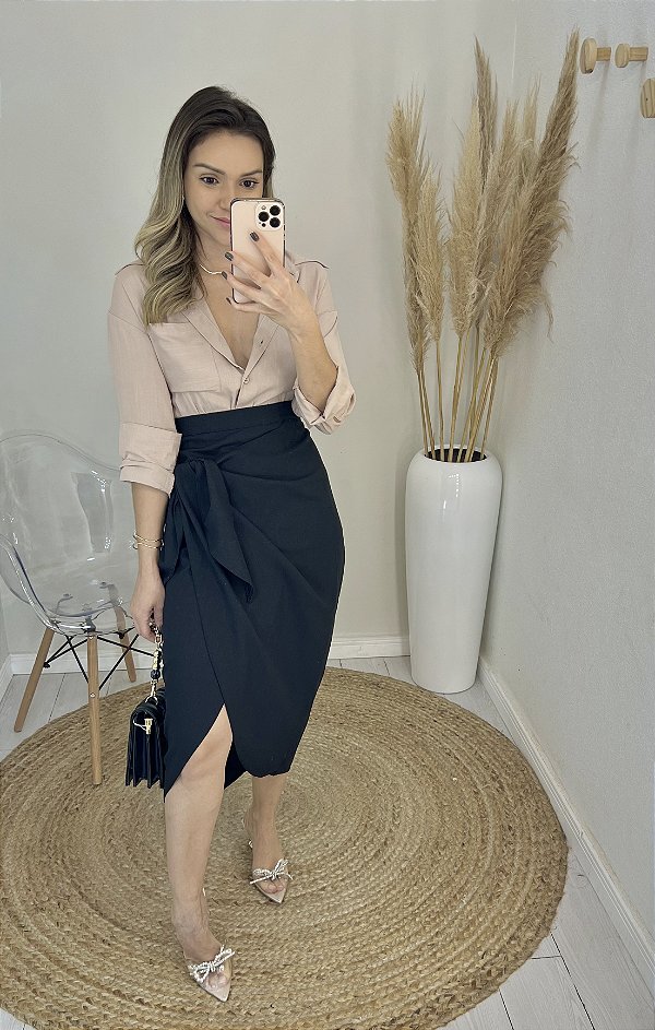 Saia midi linho amarração elegante