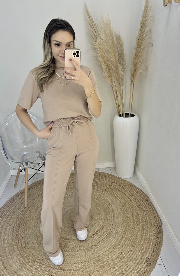 Conjunto moletinho calça e blusa bege