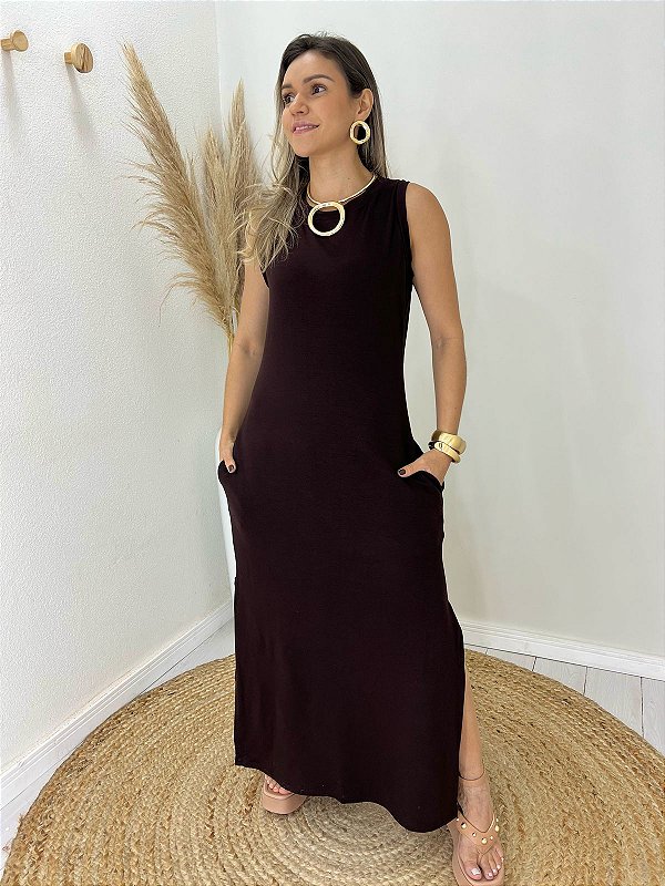 Vestido Moletinho Básico Midi Café