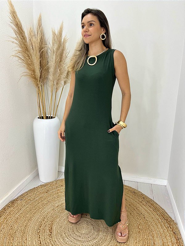 Vestido Moletinho Básico Midi Marrom Verde Escuro