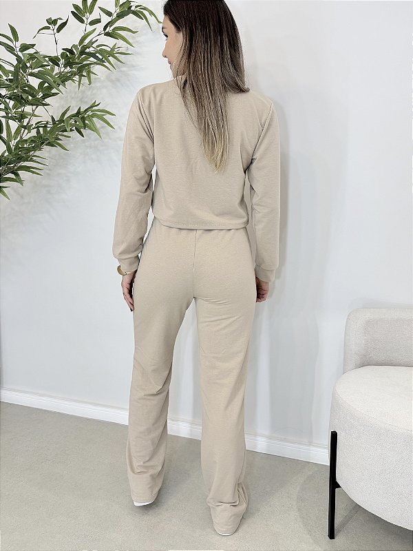 Conjunto feminino blusa manga longa e calça moletinho premium bege