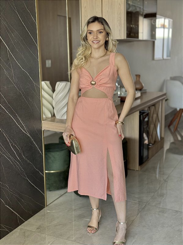 Vestido Mídi com Recorte Salmão