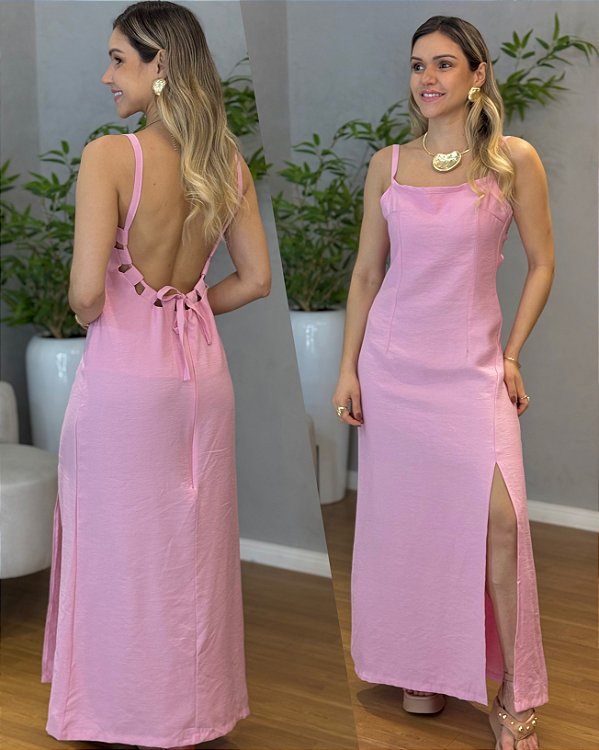 Vestido Suzana alfaiataria decote costas rosa