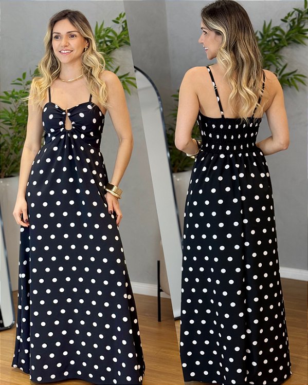 Vestido longo poá preto