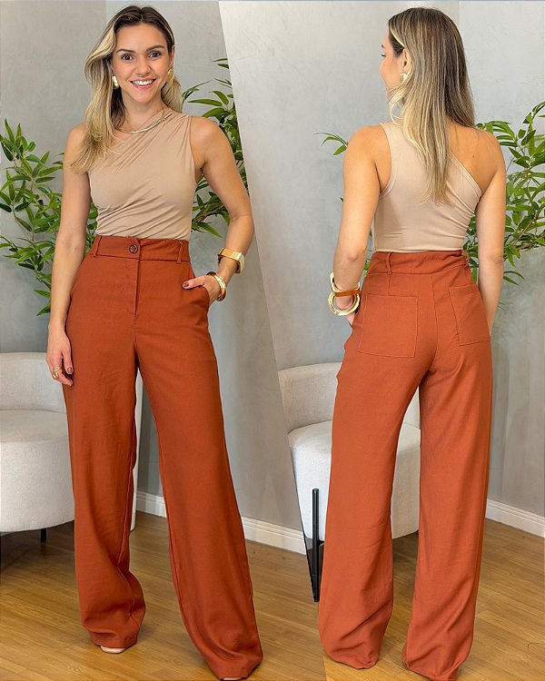 Calça alfaiataria Reta com bolsos telha