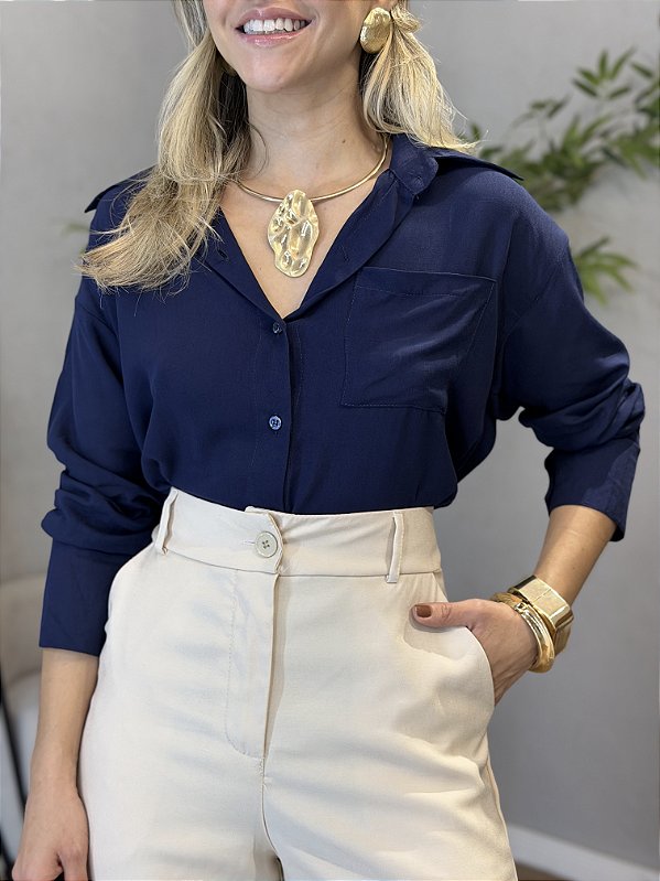 Camisa feminina alongada marinho