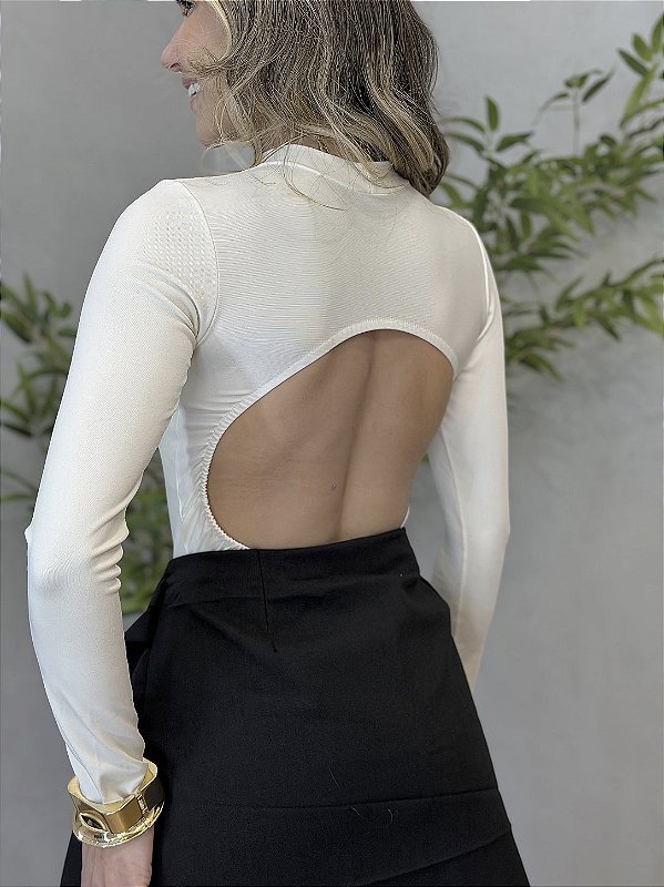 Body Feminino Gola Alta Manga Longa Costas Nuas