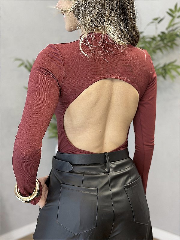 Body Feminino Gola Alta Manga Longa Costas Nuas Vinho