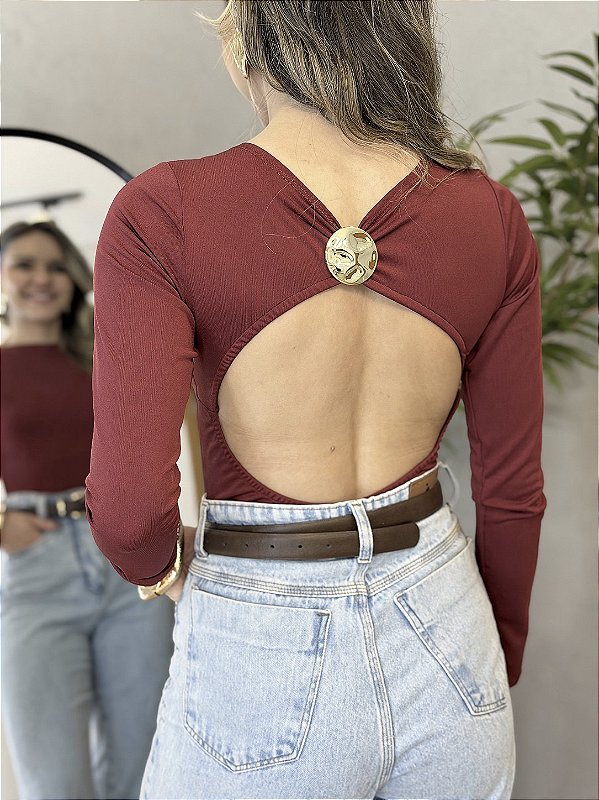 Body Feminino Manga Longa Costas Abertas com Detalhe Dourado Vinho