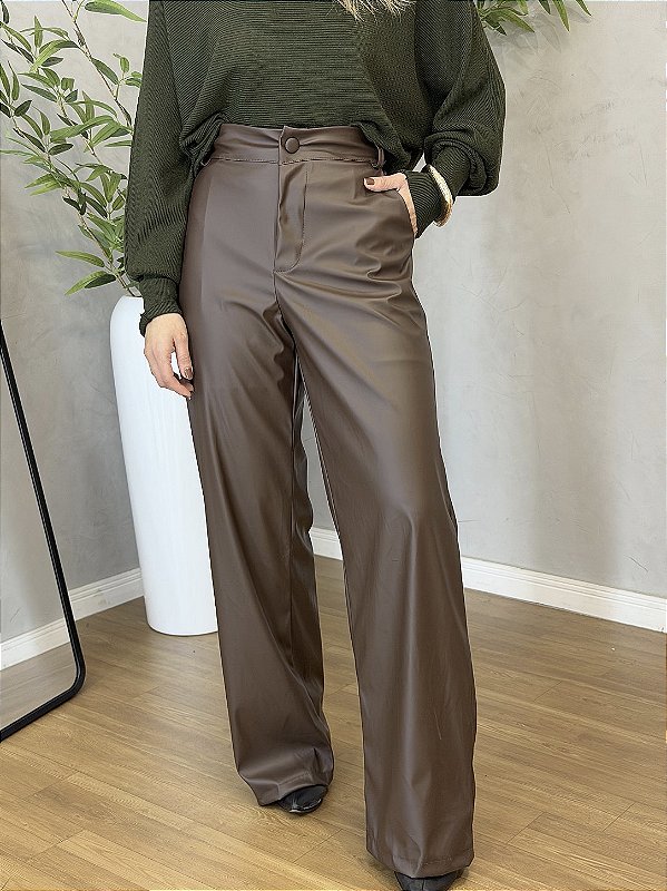 Calça Pantalona Courino Marrom Estilosa