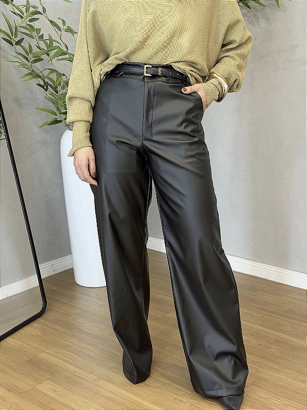 Calça Pantalona Courino Preta Feminina