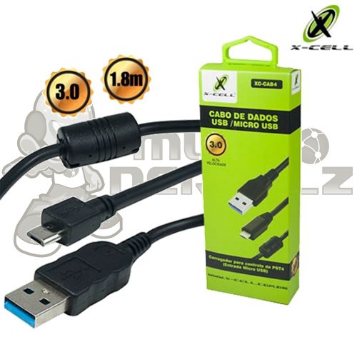 Cabo de Carregamento e Dados Para PS4 , Micro USB (V8), 1.80 M - X-Cell XC-CAB4