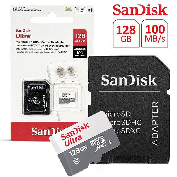 Cartão de Memória 128GB SanDisk Ultra MicroSD - Classe 10, 100MB/s Original com Adaptador SD