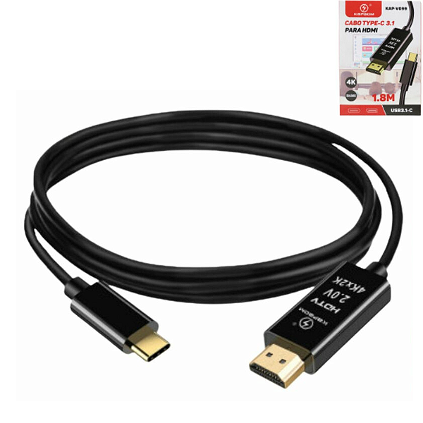 Cabo Conversor Tipo C Para HDMI, USB 3.1, 4K Com 1.8 Metros - Kapbom KAP-V099
