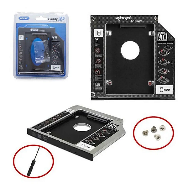 Adaptador Caddy Para Segundo HD ou SSD 2.5 Sata, 9.5mm - Knup KP-HD021