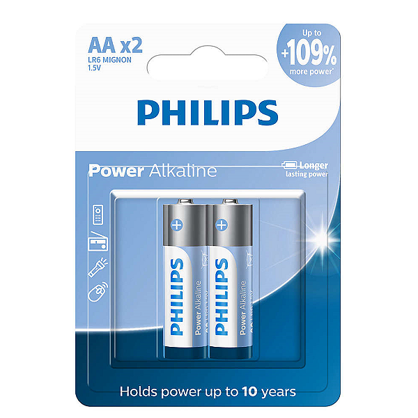Pilha Alcalina AA (Comum) 1.5V Com 2 unidades, Power Alkaline - Philips LR6P2B/59