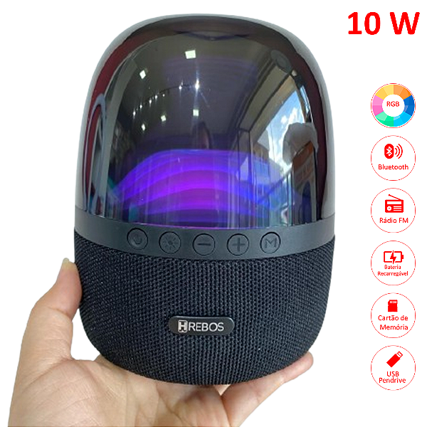 Caixa de Som Portátil 10W Luminária com LED Bluetooth, USB, Rádio FM - Hrebos HS-638