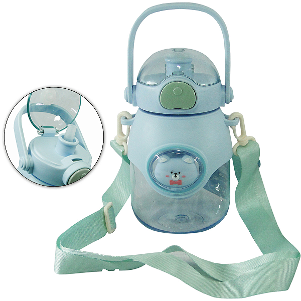 Garrafa Squeeze de Plástico Infantil Com Canudo, Infusor, Botão e trava Com 800ml