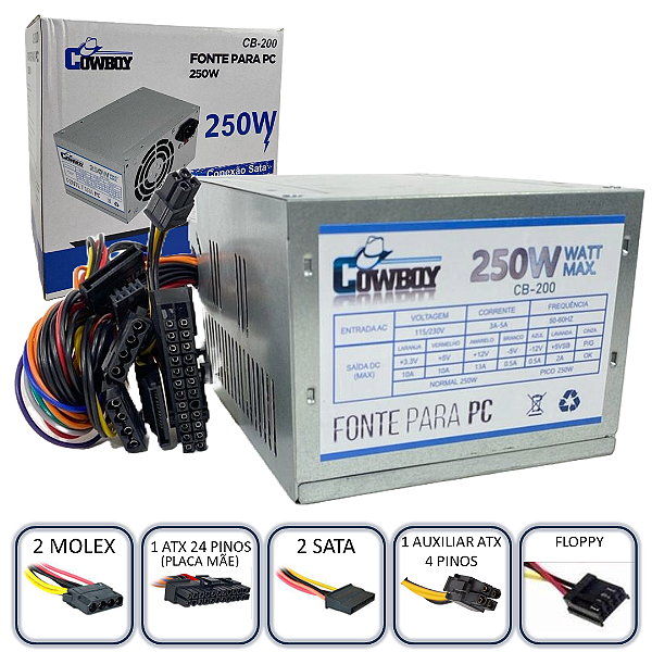 Fonte de Alimentação ATX 250W Para PC, 110V/220V - Cowboy CB-200