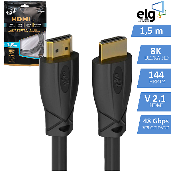 Cabo HDMI com 1.5 Metros, Versão 2.1, Ultra HD 8K 144Hz - ELG HD8K15