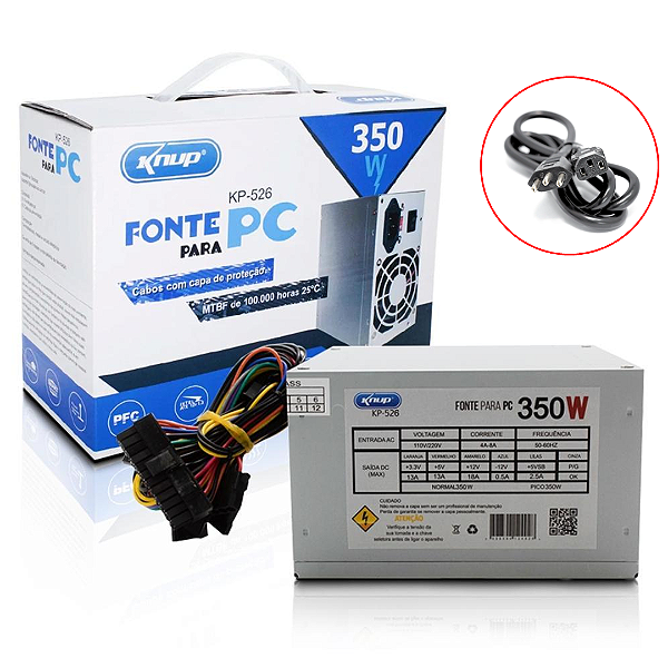 Fonte de Alimentação ATX 350W Para PC, Bivolt Manual - Knup KP-526