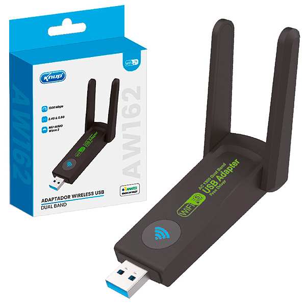 Adaptador Wi-Fi USB 3.0 Dual Band, 2.4 e 5G, 1300Mbps Com 2 Antena - Knup KP-AW162