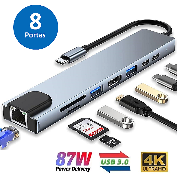 Conversor Hub Tipo C para HDMI 4K, 2 USB 3.0, 2 Tipo‑C, Leitor SD/MicroSD e RJ45 100Mbps - It-Blue LE-4147